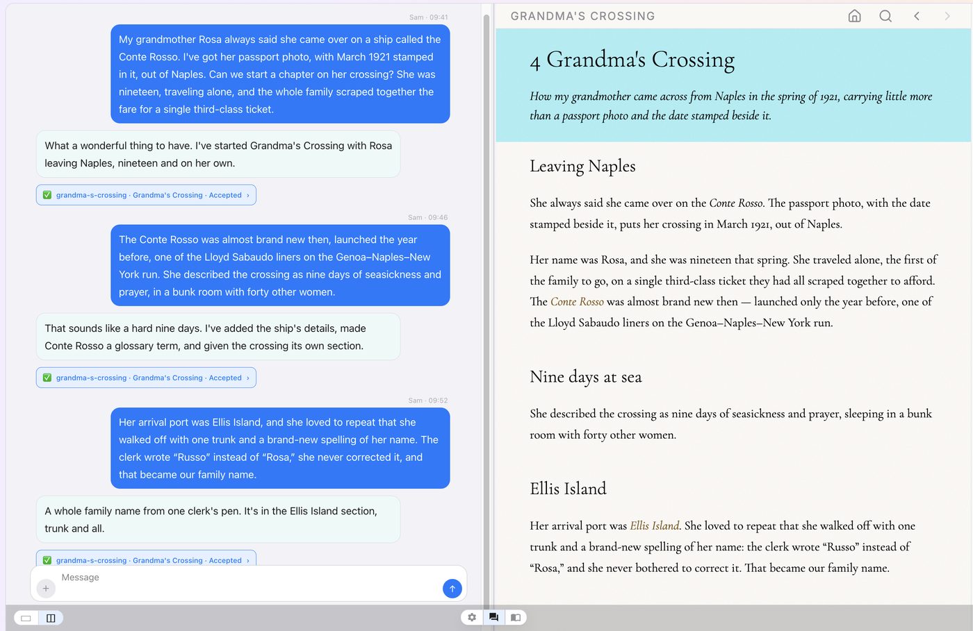 Gossamer in split-screen: a conversation on the left turning into an organized document on the right.